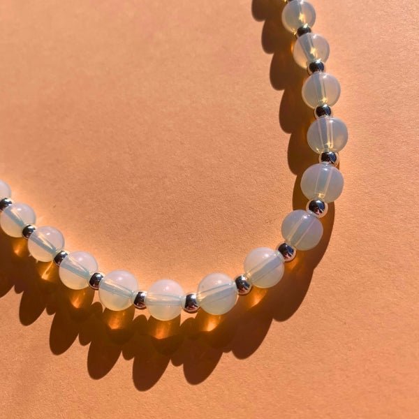 Sea Foam Beaded Necklace, opalite beads, close up view. Coniifer Design Studio Jewellery
